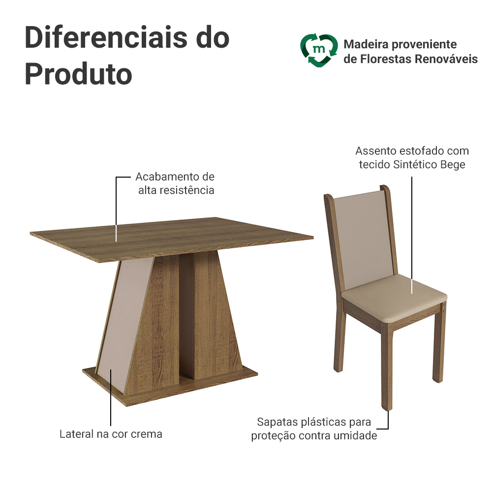 Conjunto Sala de Jantar Mesa Tampo de Madeira 6 Cadeiras Rustic/Crema/Bege Wendy Madesa