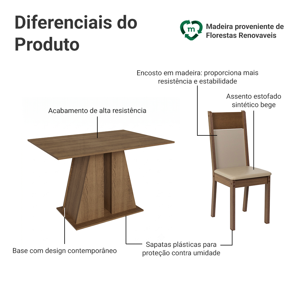 Conjunto Sala de Jantar Mesa Tampo de Madeira 6 Cadeiras Rustic/Bege Beverly Madesa