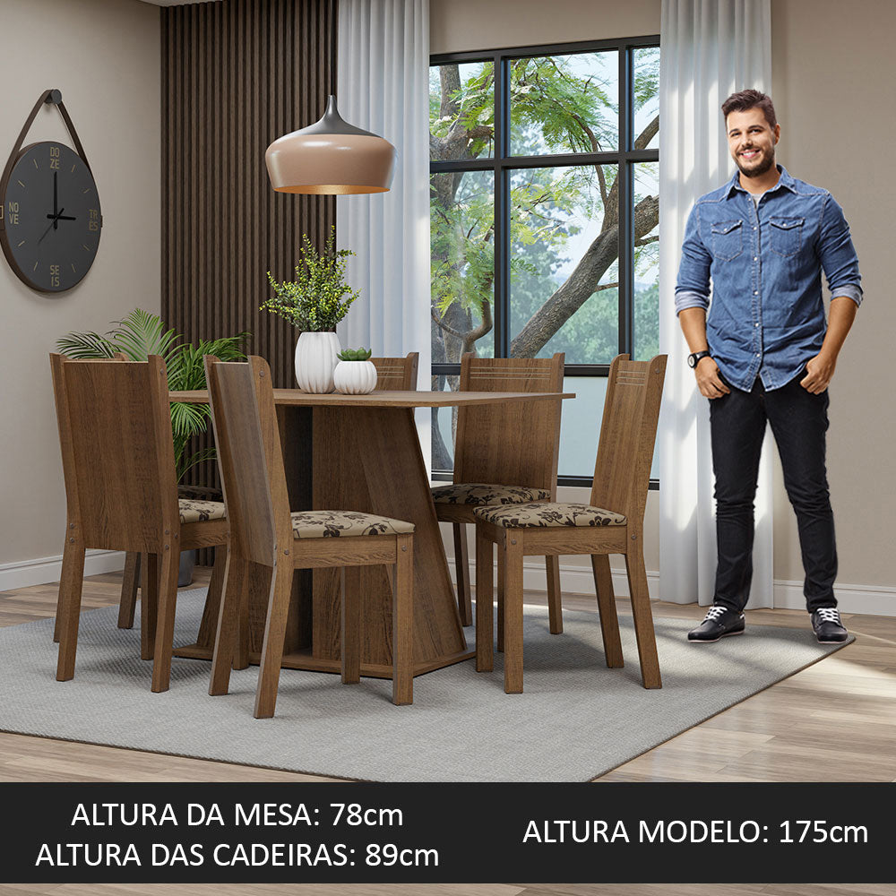 Conjunto Sala de Jantar Mesa Tampo de Madeira 6 Cadeiras Rustic/Bege Marrom Sharon Madesa