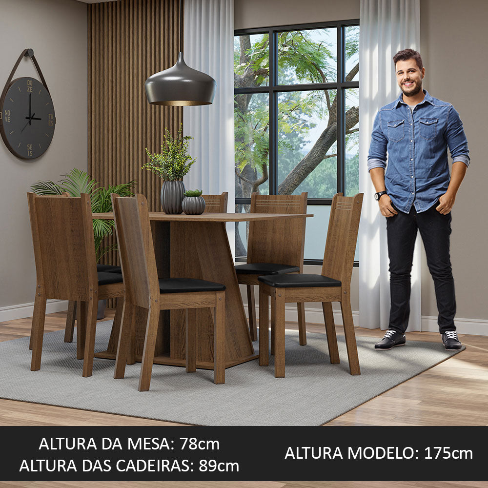 Conjunto Sala de Jantar Mesa Tampo de Madeira 6 Cadeiras Rustic/Preto Sharon Madesa