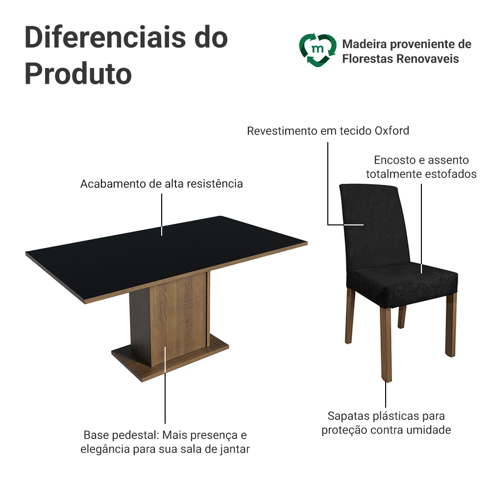 Conjunto Sala de Jantar Mesa Tampo de Madeira 6 Cadeiras Rustic/Preto/Oxford Renata Madesa