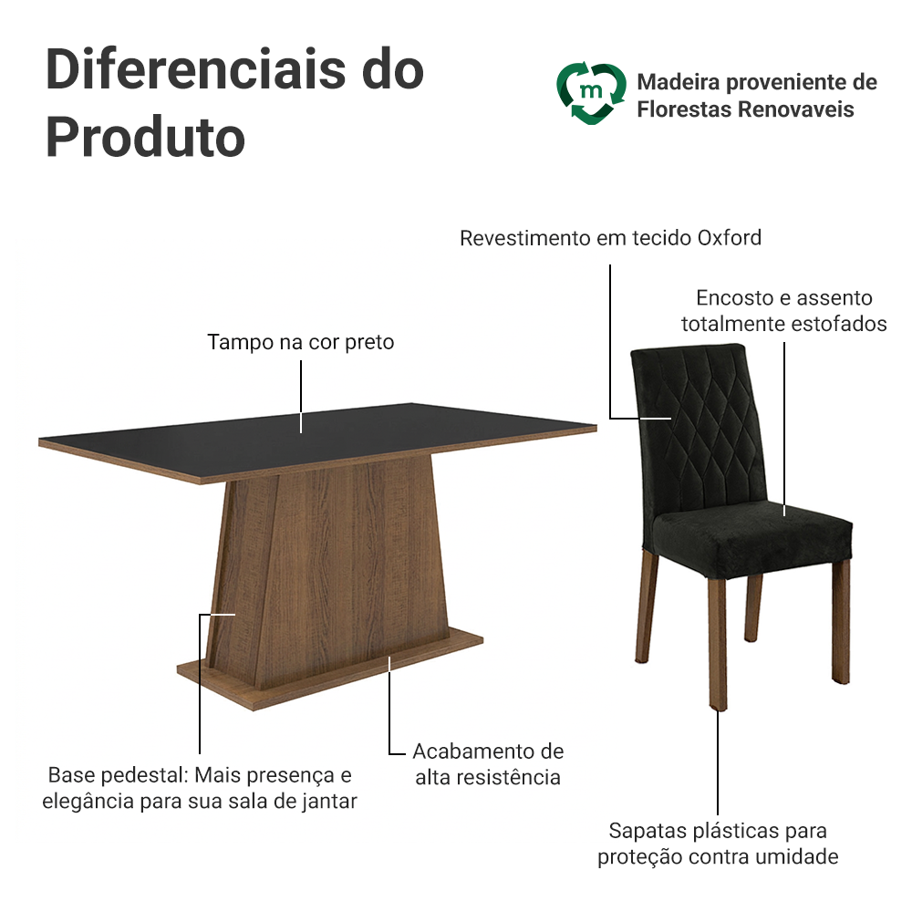Conjunto Sala de Jantar Mesa Tampo de Madeira 6 Cadeiras Rustic/Preto/Oxford Britney Madesa