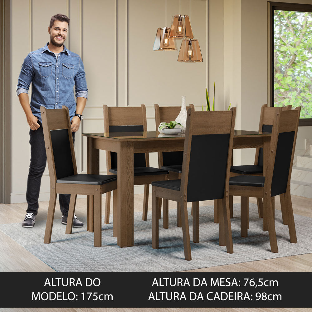Conjunto Sala de Jantar Mesa Tampo de Vidro 6 Cadeiras Rustic/Preto Zoe Madesa