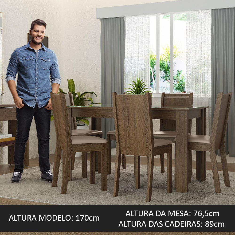Conjunto Sala de Jantar Mesa Tampo de Vidro 6 Cadeiras Rustic/Sintético Bege Isla Madesa