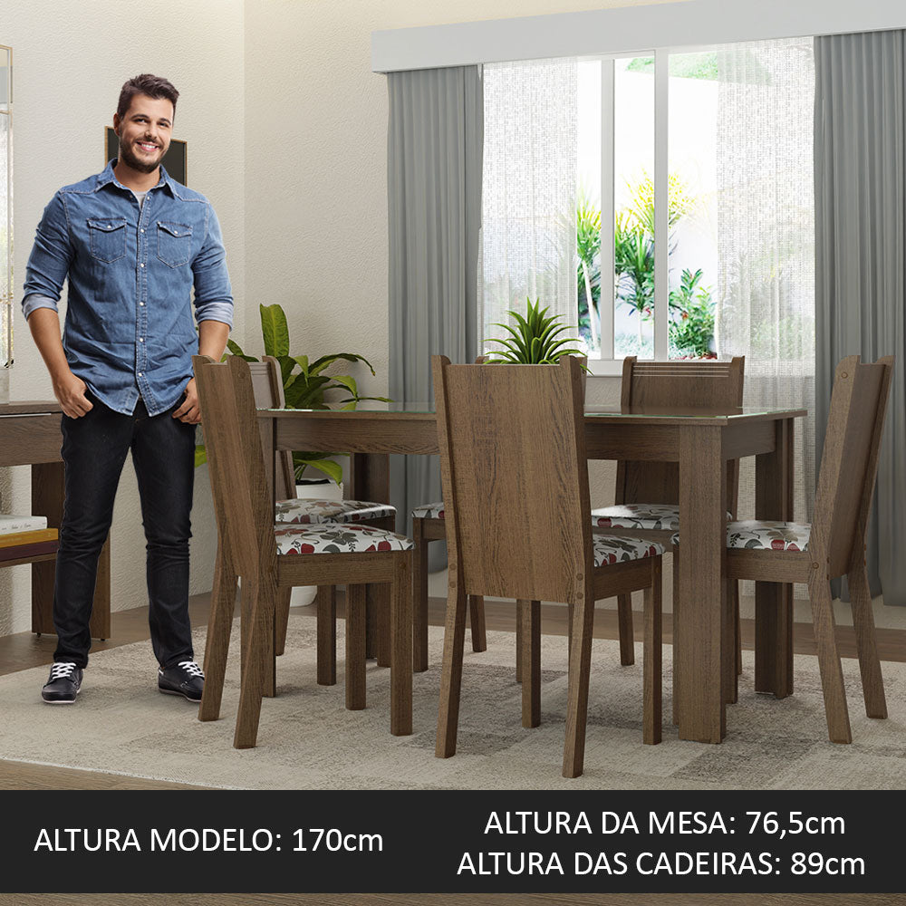 Conjunto Sala de Jantar Mesa Tampo de Vidro 6 Cadeiras Rustic/Hibiscos Isla Madesa