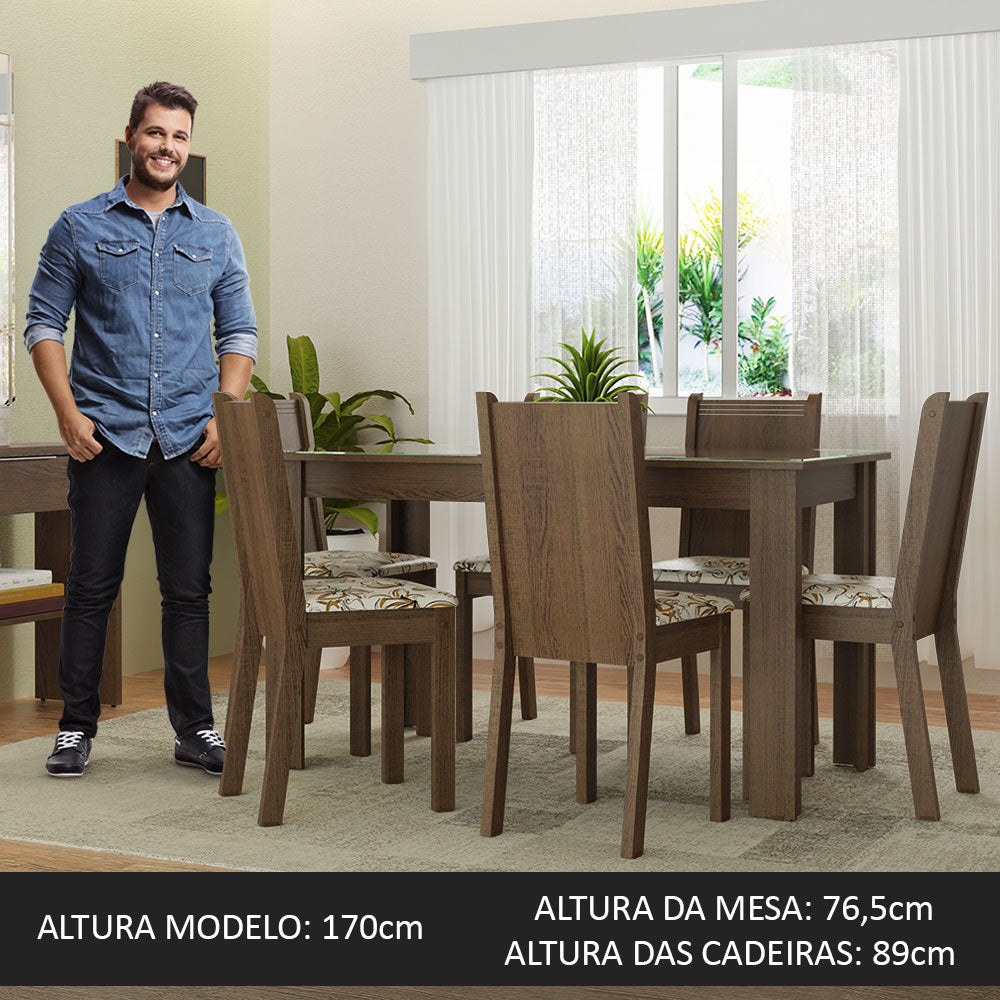 Conjunto Sala de Jantar Mesa Tampo de Vidro 6 Cadeiras Rustic/Lírio Bege Isla Madesa