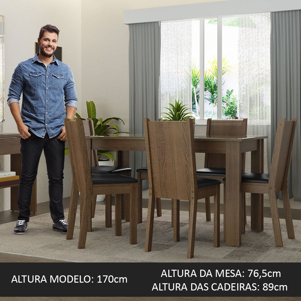Conjunto Sala de Jantar Mesa Tampo de Vidro 6 Cadeiras Rustic/Sintético Preto Isla Madesa