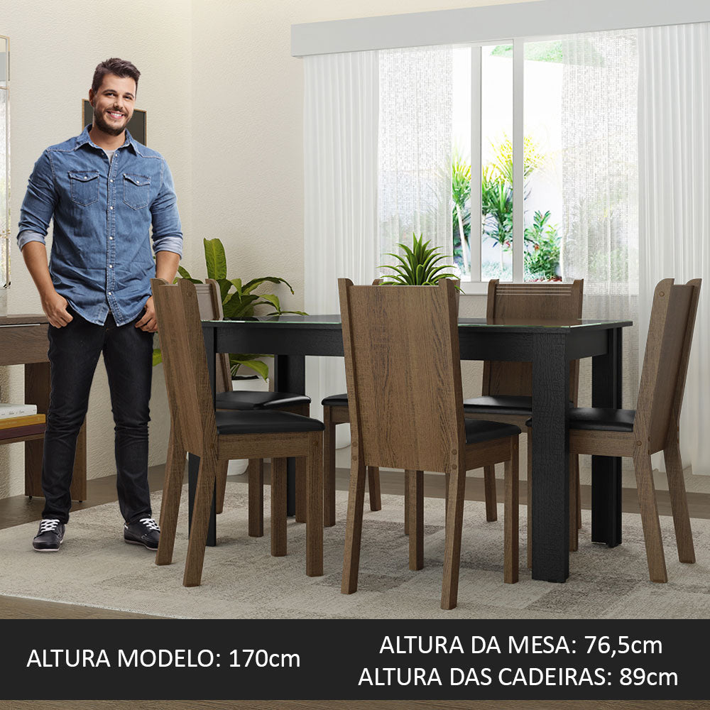Conjunto Sala de Jantar Mesa Tampo de Vidro 6 Cadeiras Preto/Rustic Isla Madesa