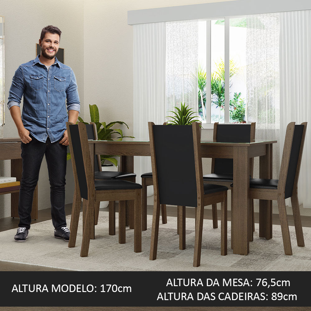 Conjunto Sala de Jantar Mesa Tampo de Vidro 6 Cadeiras Rustic/Preto Heloísa Madesa