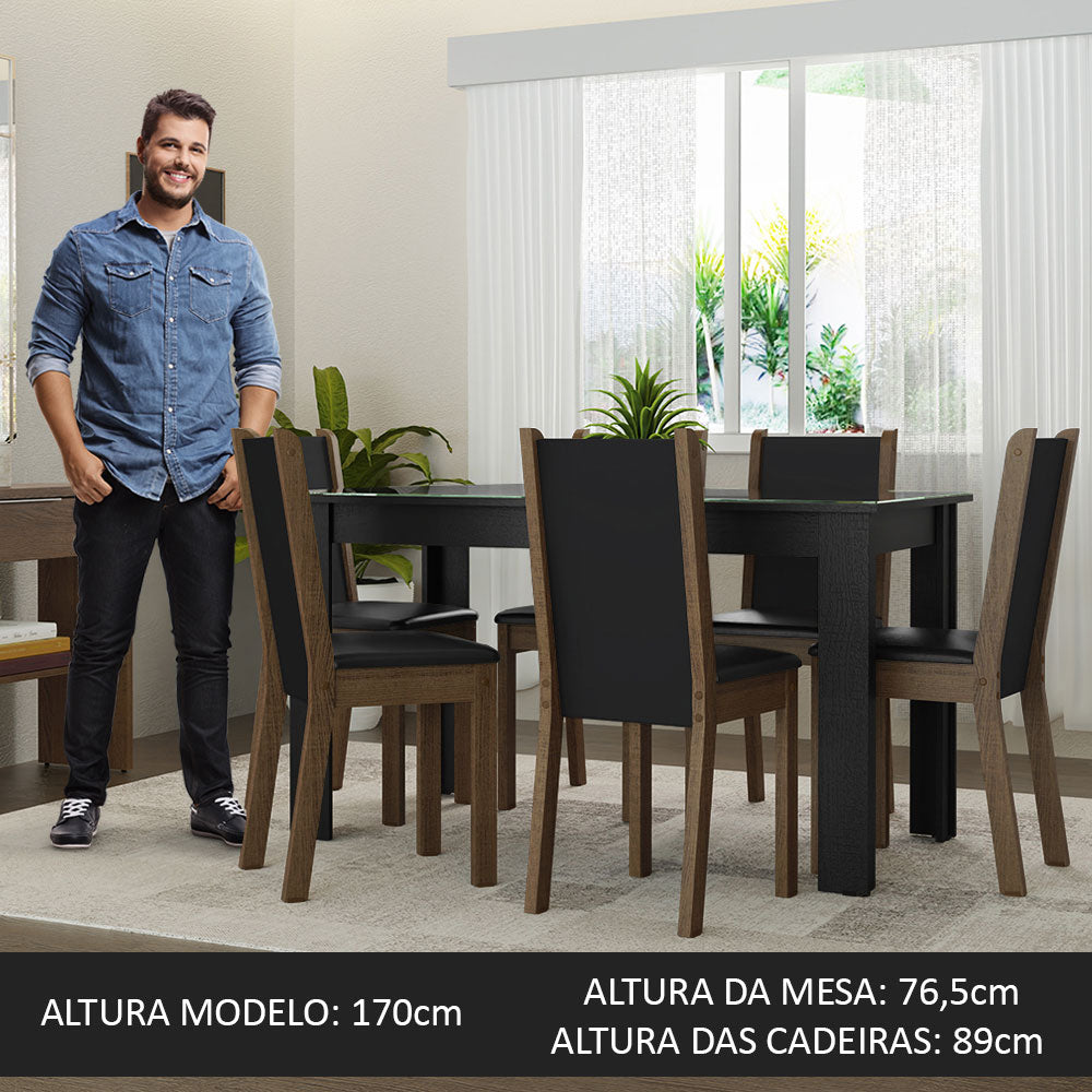 Conjunto Sala de Jantar Mesa Tampo de Vidro 6 Cadeiras Preto/Rustic Heloísa Madesa