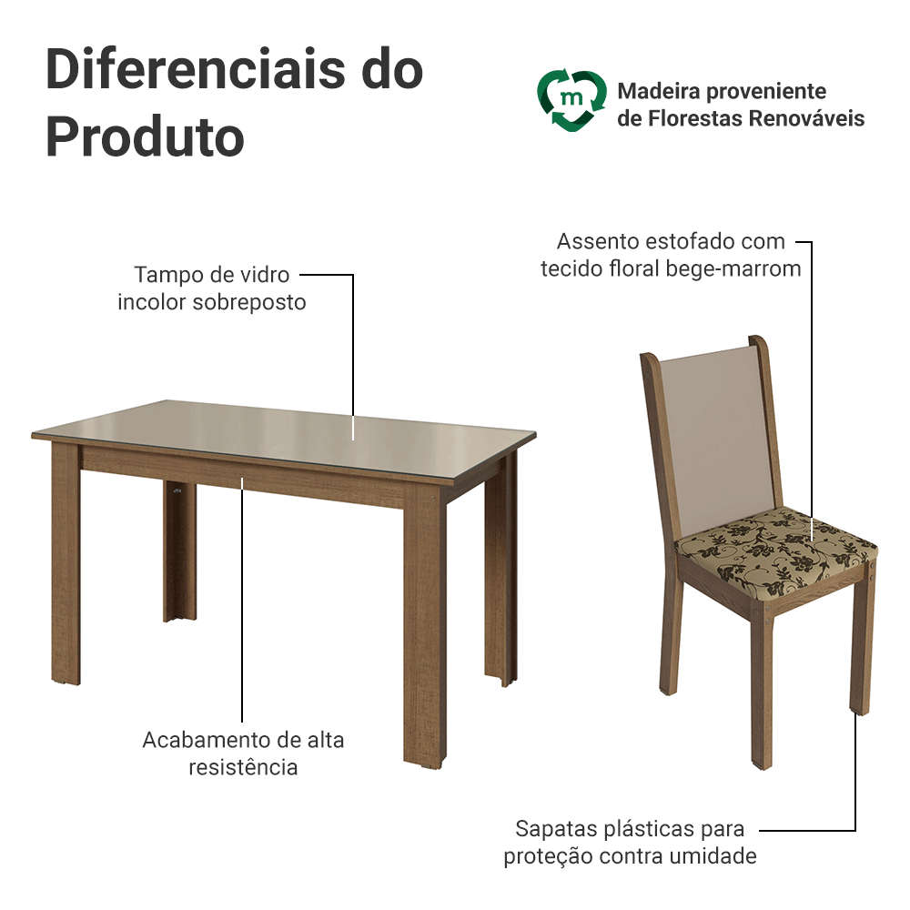 Conjunto Sala de Jantar Elóra Mesa Tampo de Vidro 6 Cadeiras Rustic/Crema/Bege Marrom Madesa