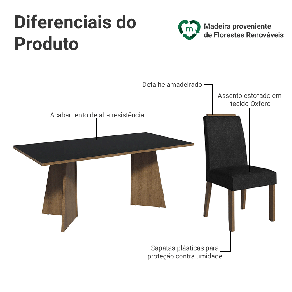 Conjunto Sala de Jantar Tampo de Madeira 6 Cadeiras Rustic/Preto/Oxford Minsk Madesa