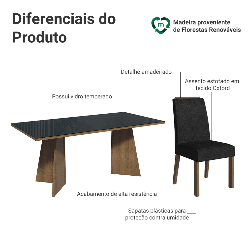 Conjunto Sala de Jantar Tampo de Vidro 6 Cadeiras Rustic/Preto/Oxford Amalfi Madesa