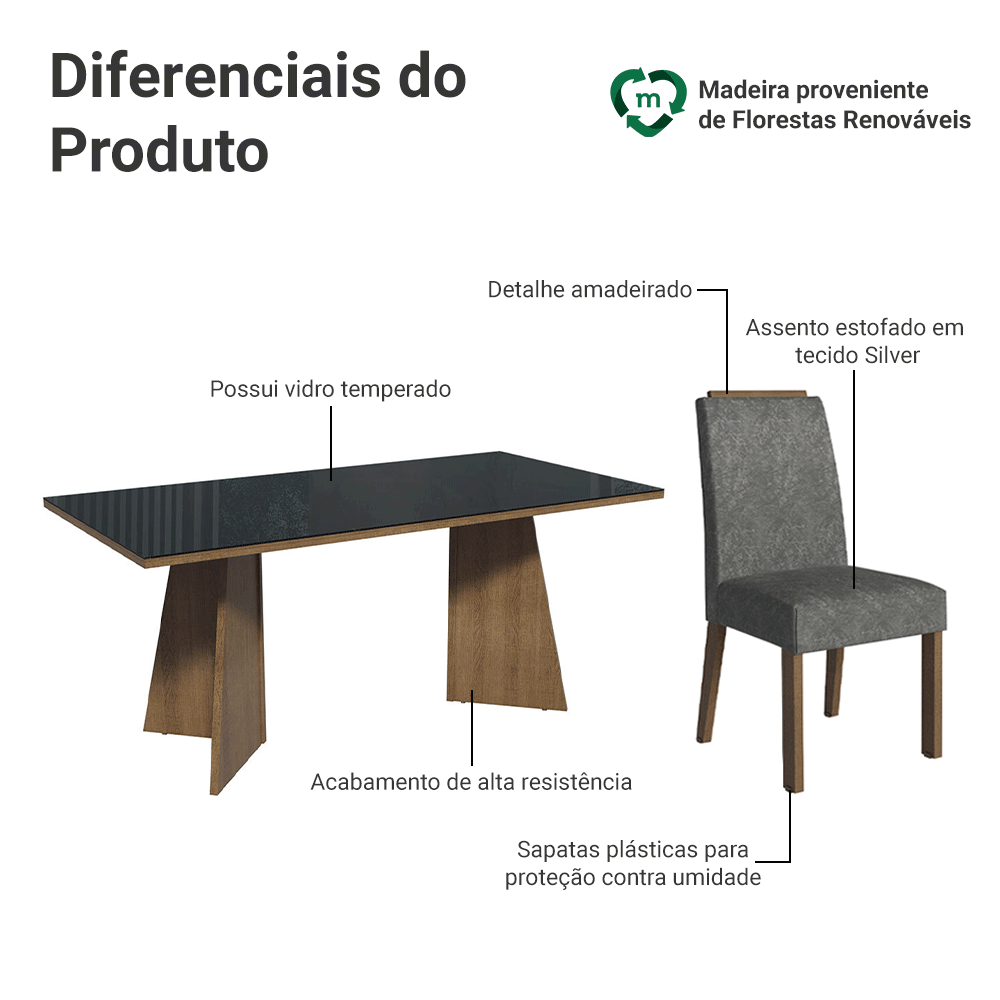 Conjunto Sala de Jantar Tampo de Vidro 6 Cadeiras Rustic/Preto/Silver Amalfi Madesa