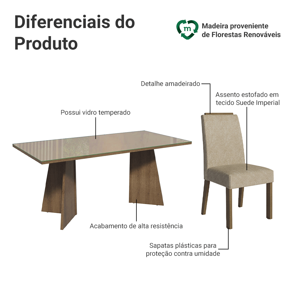 Conjunto Sala de Jantar Tampo de Vidro 6 Cadeiras Rustic/Crema/Imperial Amalfi Madesa