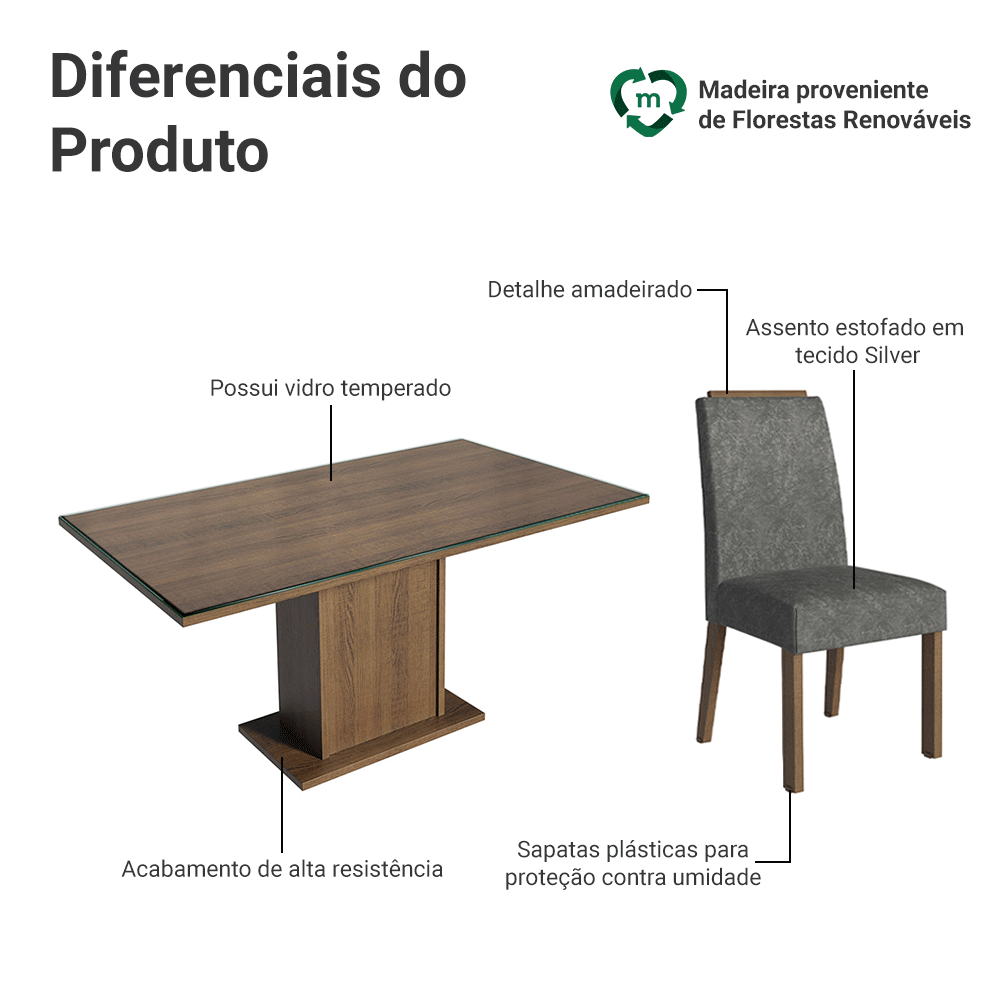Conjunto Sala de Jantar Tampo de Vidro 6 Cadeiras Rustic/Silver Dália Madesa