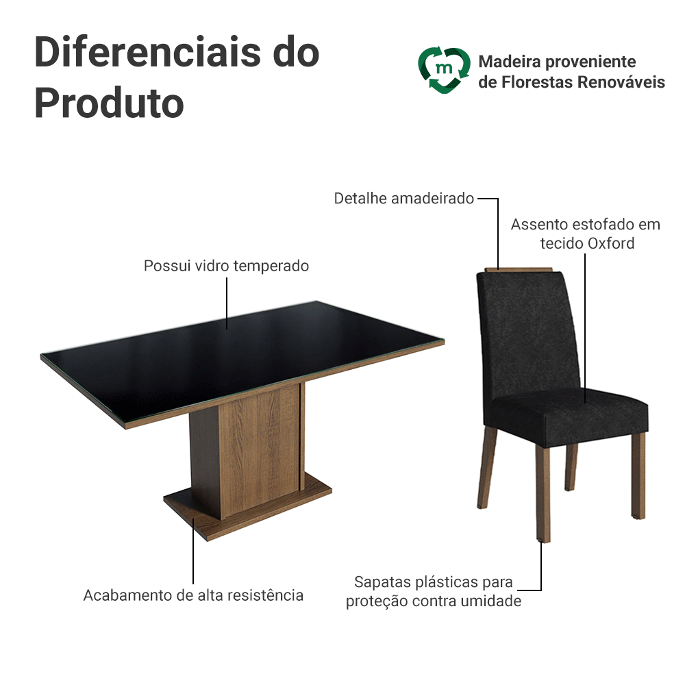 Conjunto Sala de Jantar Tampo de Vidro 6 Cadeiras Rustic/Preto/Oxford Dália Madesa