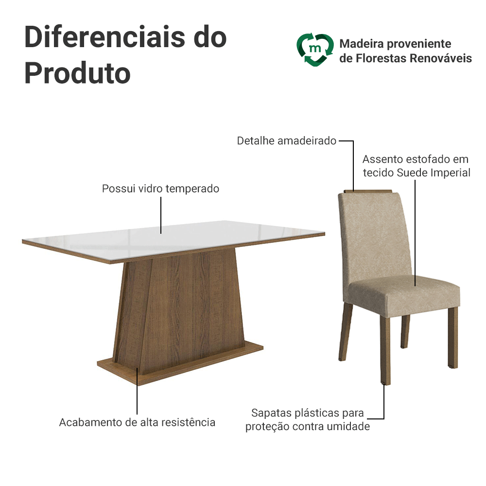 Conjunto Sala de Jantar Tampo de Vidro 6 Cadeiras Rustic/Branco/Imperial Tulipa Madesa