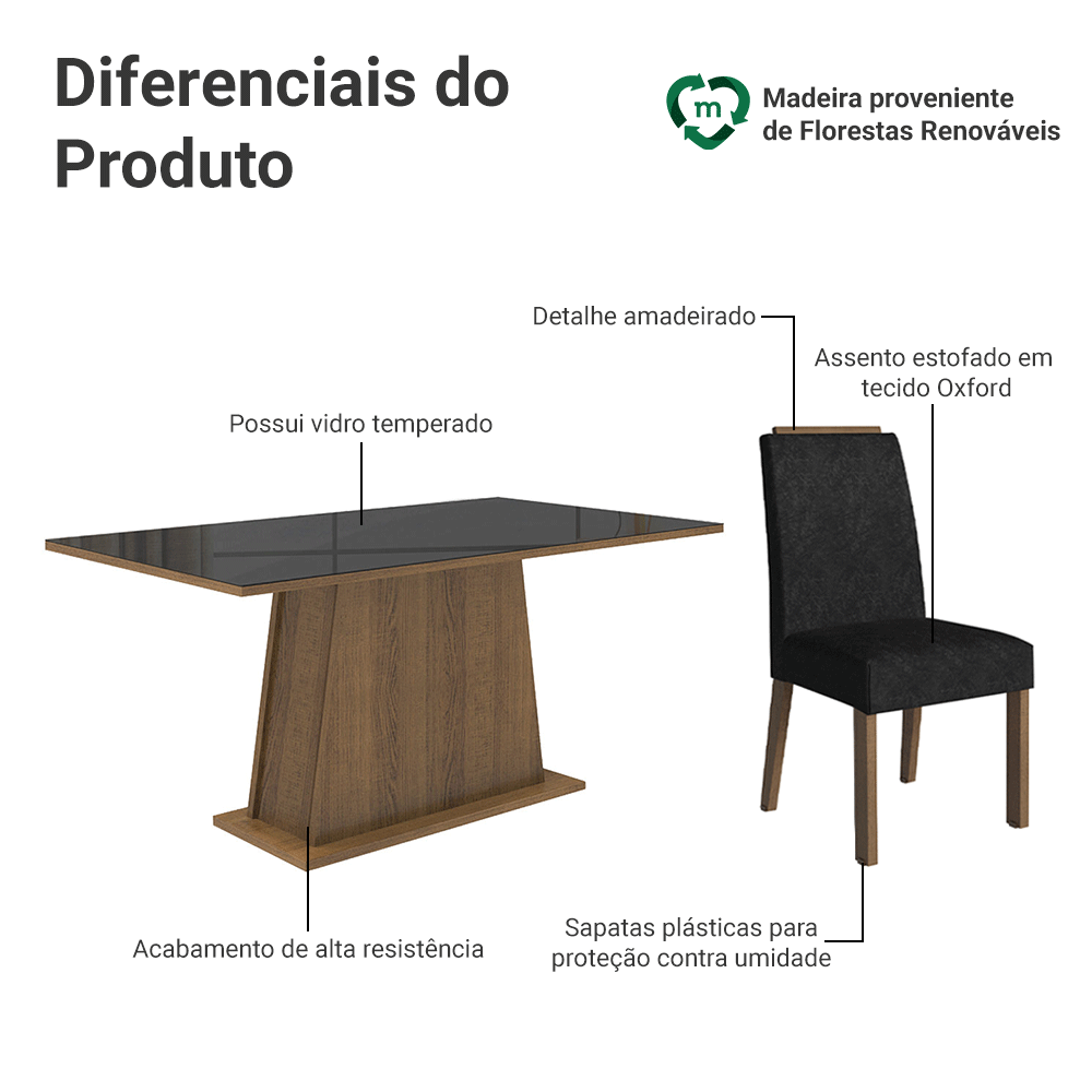 Conjunto Sala de Jantar Tampo de Vidro 6 Cadeiras Rustic/Preto/Oxford Tulipa Madesa