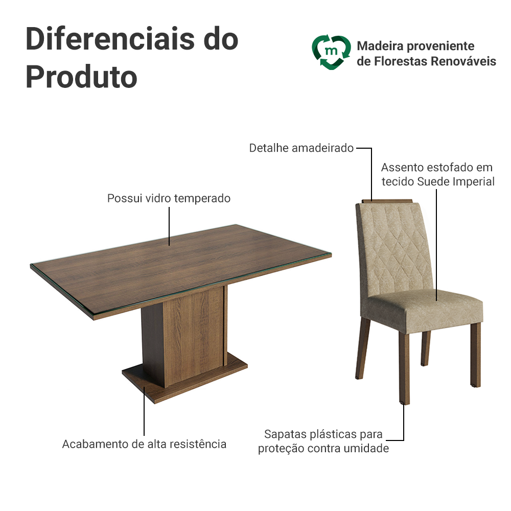 Conjunto Sala de Jantar Tampo de Vidro 6 Cadeiras Rustic/Imperial Azaleia Madesa