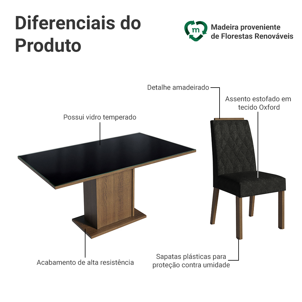 Conjunto Sala de Jantar Tampo de Vidro 6 Cadeiras Rustic/Preto/Oxford Azaleia Madesa