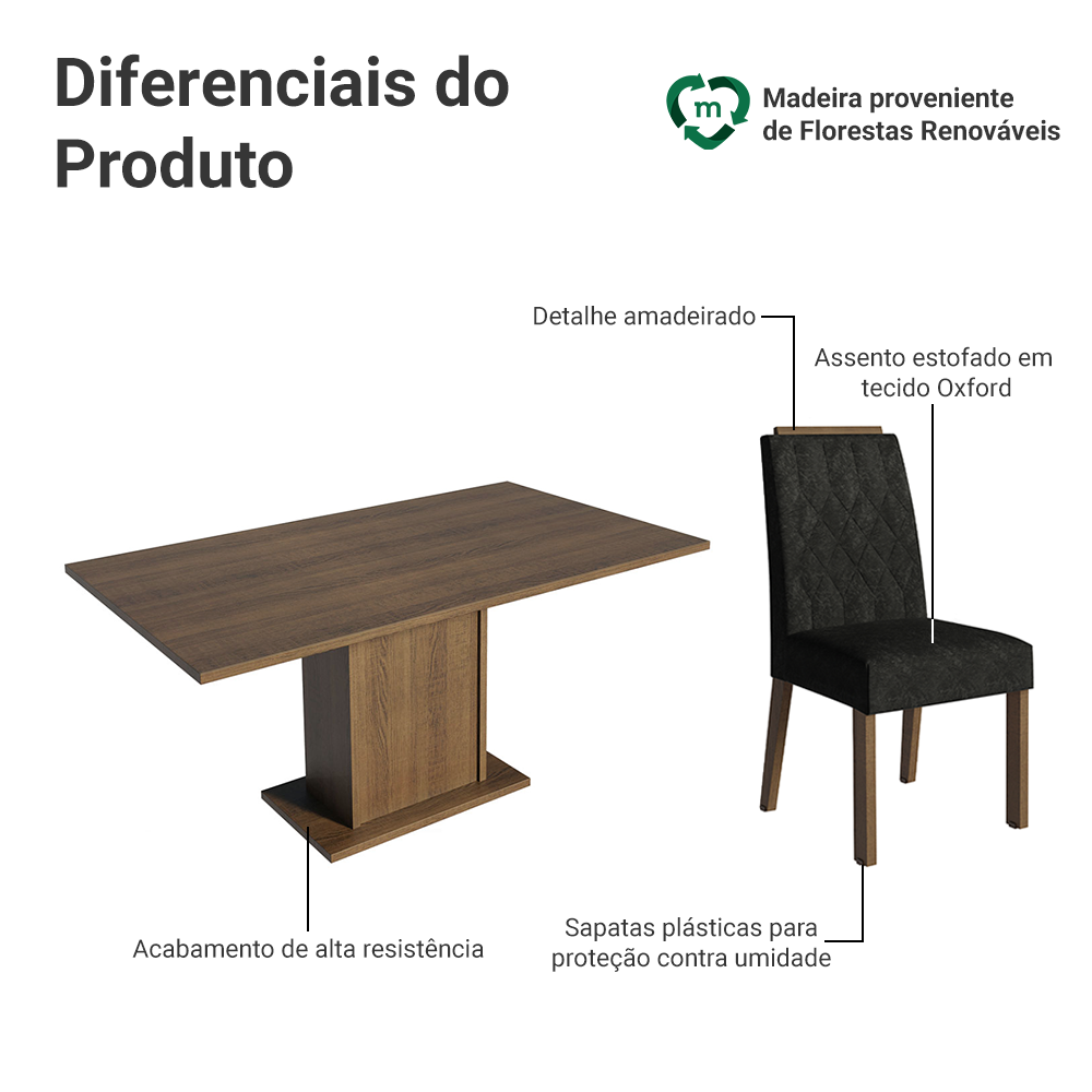 Conjunto Sala de Jantar Tampo de Madeira 6 Cadeiras Rustic/Oxford Bosque Madesa