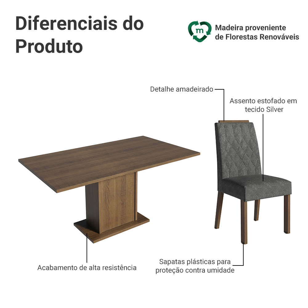 Conjunto Sala de Jantar Tampo de Madeira 6 Cadeiras Rustic/Silver Bosque Madesa