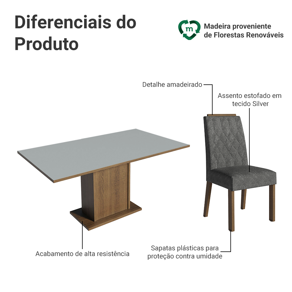 Conjunto Sala de Jantar Tampo de Madeira 6 Cadeiras Rustic/Cinza/Silver Bosque Madesa