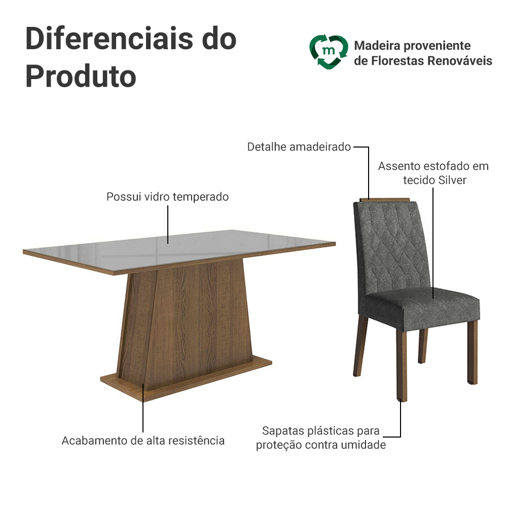 Conjunto Sala de Jantar Tampo de Vidro 6 Cadeiras Rustic/Cinza/Silver Peônia Madesa