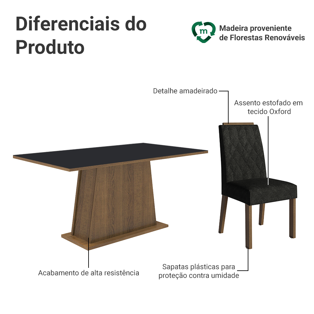 Conjunto Sala de Jantar Tampo de Madeira 6 Cadeiras Rustic/Preto/Oxford Cedro Madesa