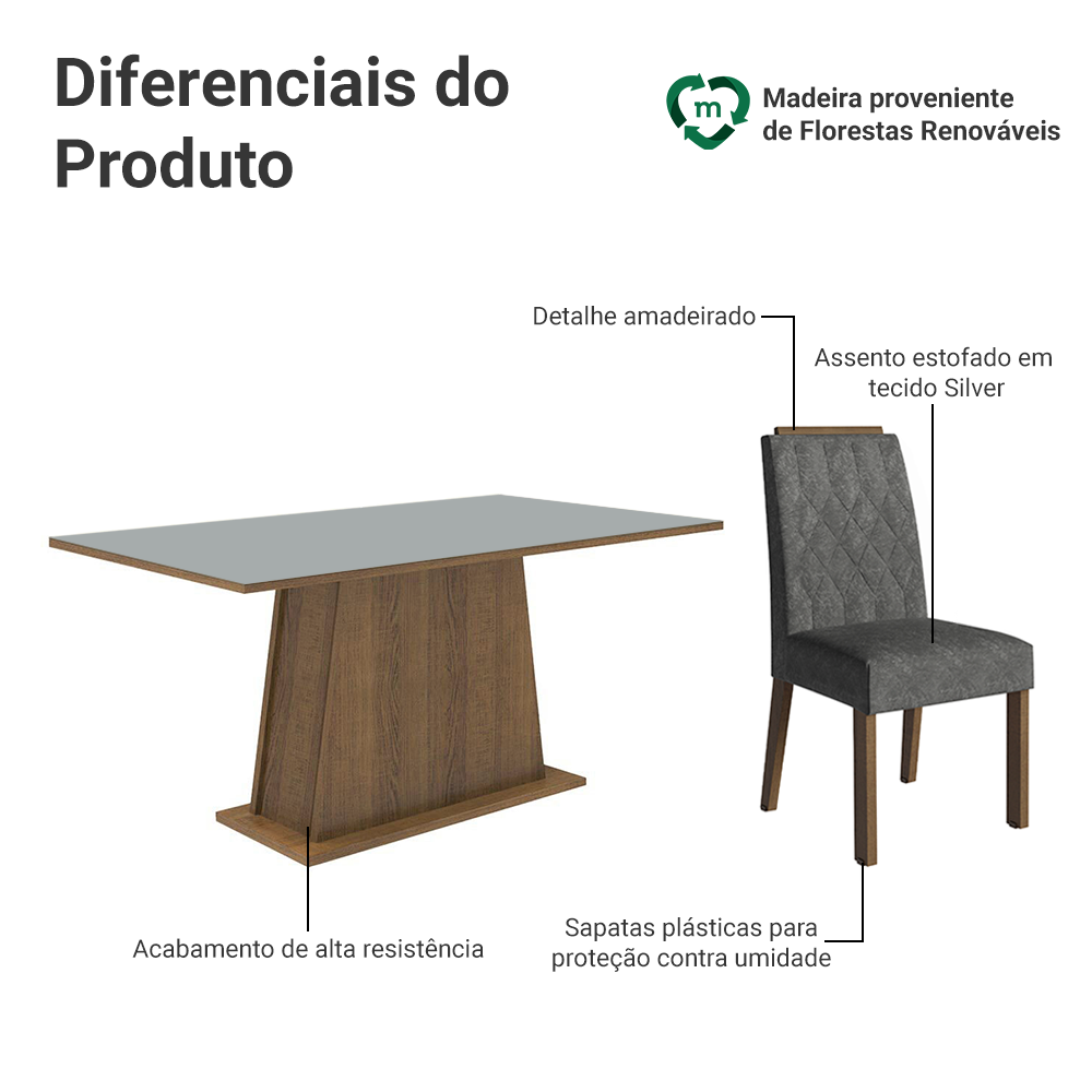Conjunto Sala de Jantar Tampo de Madeira 6 Cadeiras Rustic/Cinza/Silver Cedro Madesa