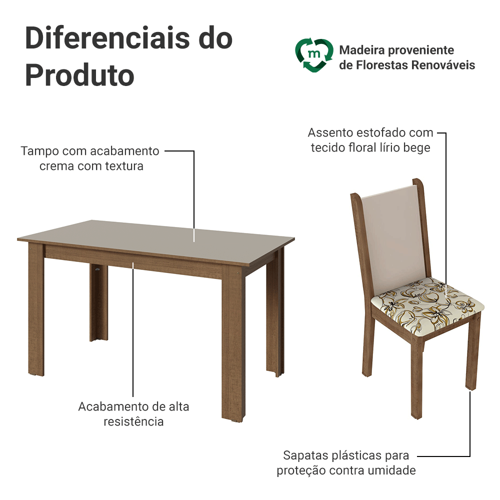 Conjunto Sala de Jantar Lucena Mesa Tampo de Madeira 6 Cadeiras Rustic/Crema/Lírio Bege Madesa