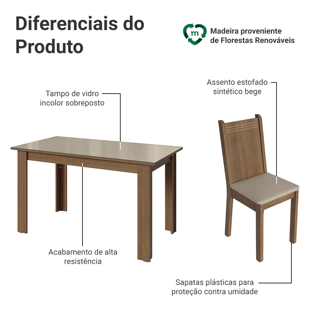 Conjunto Sala de Jantar Cereja Mesa Tampo de Vidro 6 Cadeiras Rustic/Crema/Sintético Bege Madesa