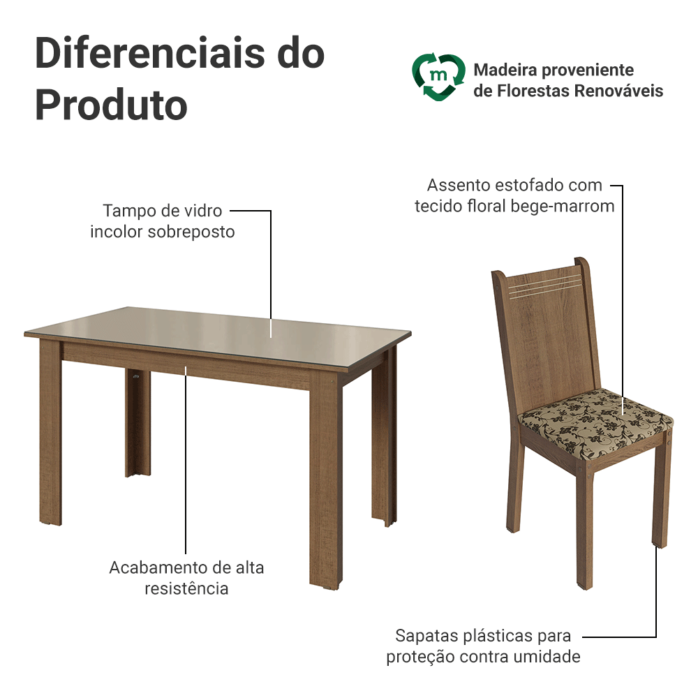 Conjunto Sala de Jantar Cereja Mesa Tampo de Vidro 6 Cadeiras Rustic/Crema/Bege Marrom Madesa