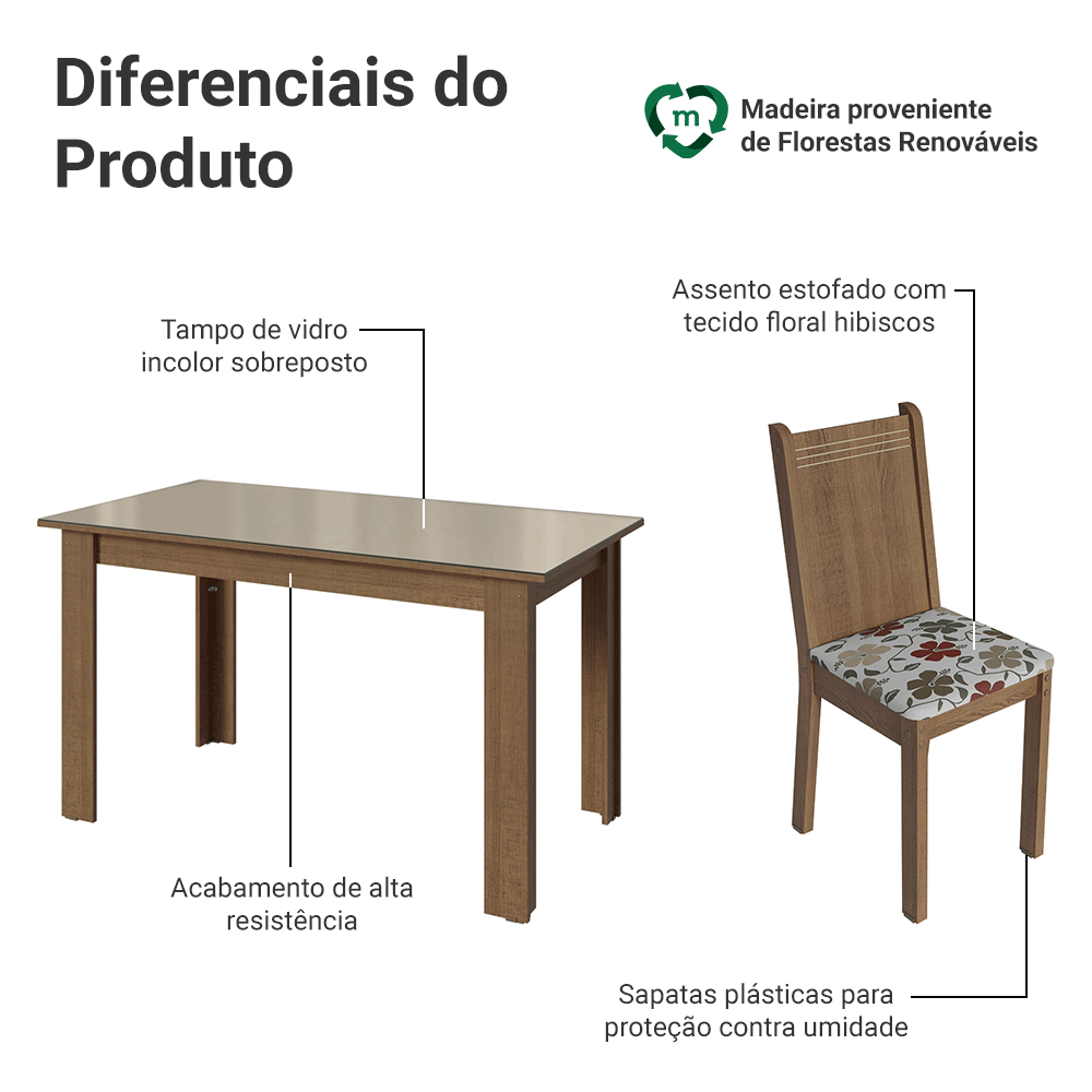 Conjunto Sala de Jantar Cereja Mesa Tampo de Vidro 6 Cadeiras Rustic/Crema/Floral Hibiscos Madesa