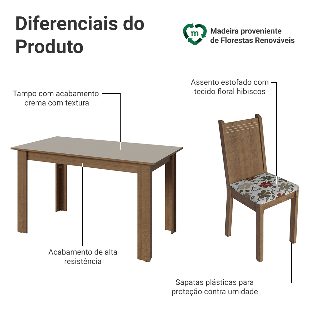 Conjunto Sala de Jantar Dolce Mesa Tampo de Madeira 6 Cadeiras Rustic/Crema/Floral Hibiscos Madesa