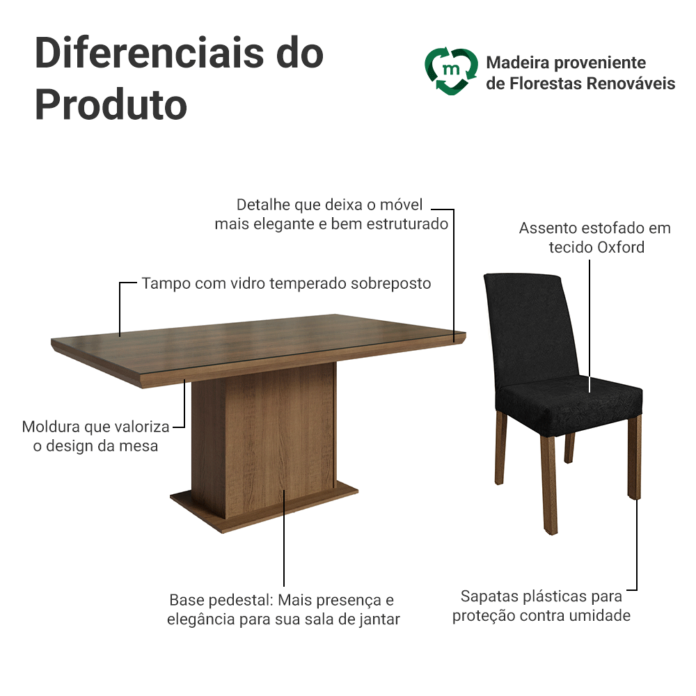 Conjunto Sala de Jantar Tampo com Vidro 6 Cadeiras Rustic/Oxford Alba Madesa