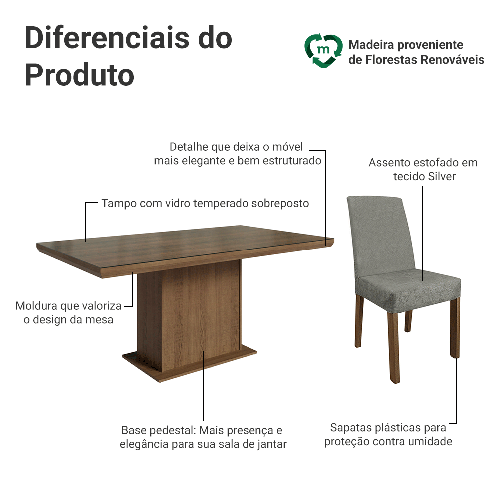Conjunto Sala de Jantar Tampo com Vidro 6 Cadeiras Rustic/Silver Alba Madesa