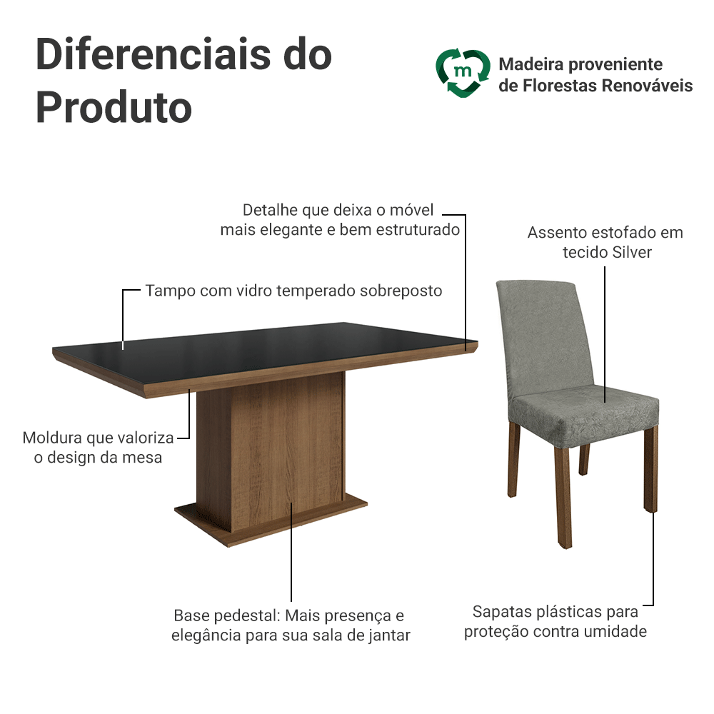 Conjunto Sala de Jantar Tampo com Vidro 6 Cadeiras Rustic/Preto/Silver Alba Madesa