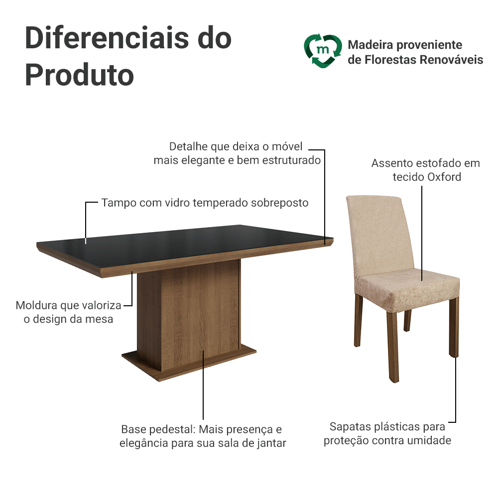 Conjunto Sala de Jantar Tampo com Vidro 6 Cadeiras Rustic/Preto/Imperial Alba Madesa