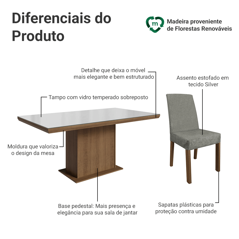 Conjunto Sala de Jantar Tampo com Vidro 6 Cadeiras Rustic/Branco/Silver Alba Madesa