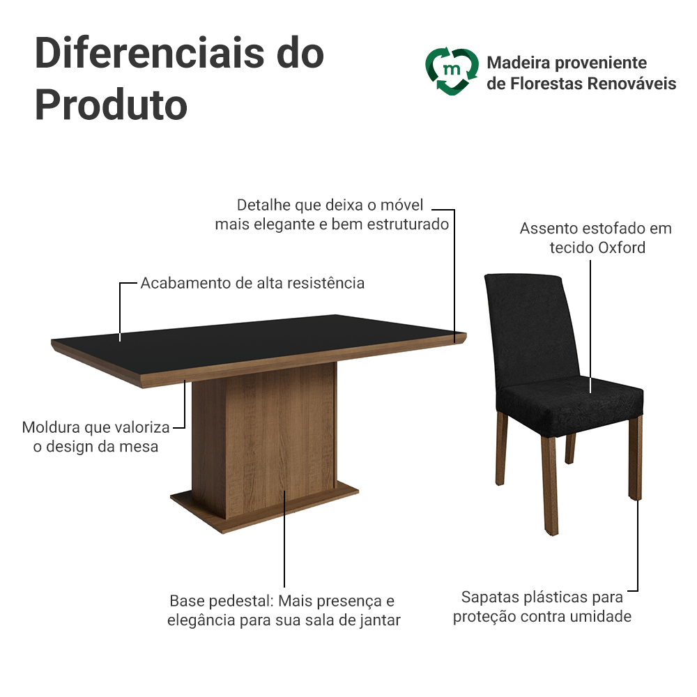 Conjunto Sala de Jantar Tampo de Madeira 6 Cadeiras Rustic/Preto/Oxford Grasse Madesa