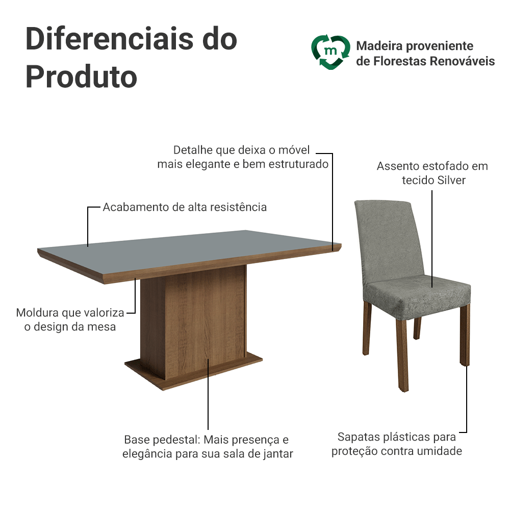 Conjunto Sala de Jantar Tampo de Madeira 6 Cadeiras Rustic/Cinza/Silver Grasse Madesa