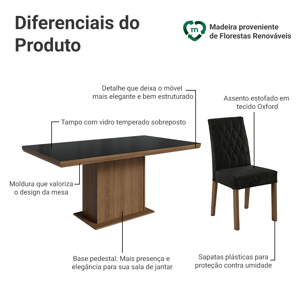 Conjunto Sala de Jantar Tampo com Vidro 6 Cadeiras Rustic/Preto/Oxford Dinan Madesa