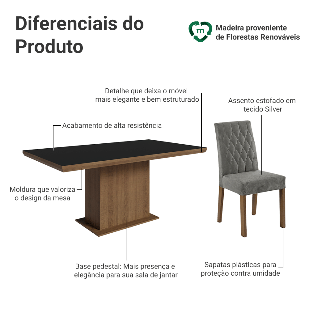 Conjunto Sala de Jantar Tampo de Madeira 6 Cadeiras Rustic/Preto/Silver Luso Madesa