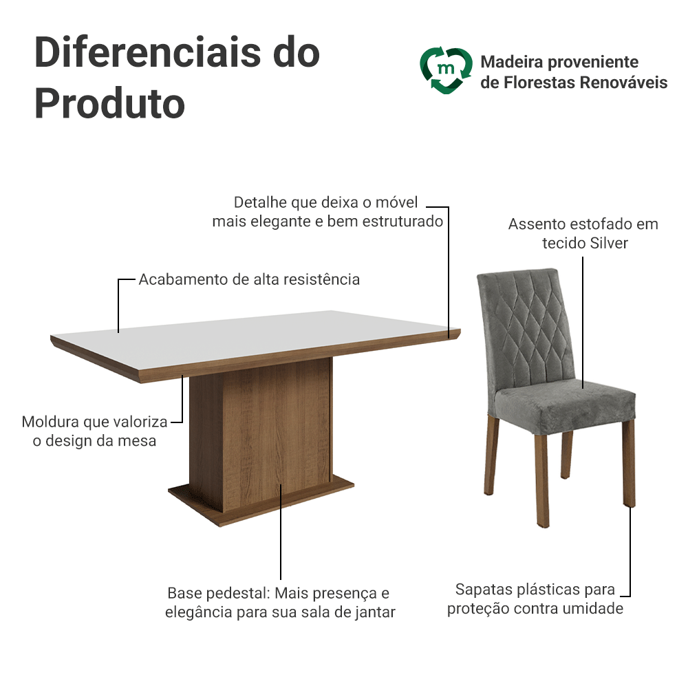 Conjunto Sala de Jantar Tampo de Madeira 6 Cadeiras Rustic/Branco/Silver Luso Madesa