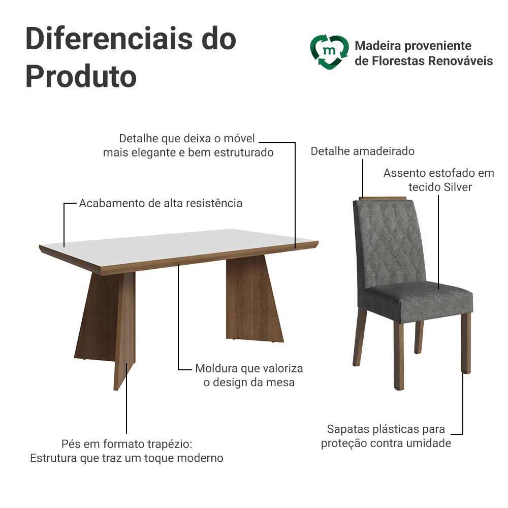 Conjunto Sala de Jantar Tampo de Madeira 6 Cadeiras Rustic/Branco/Silver Sarlat Madesa