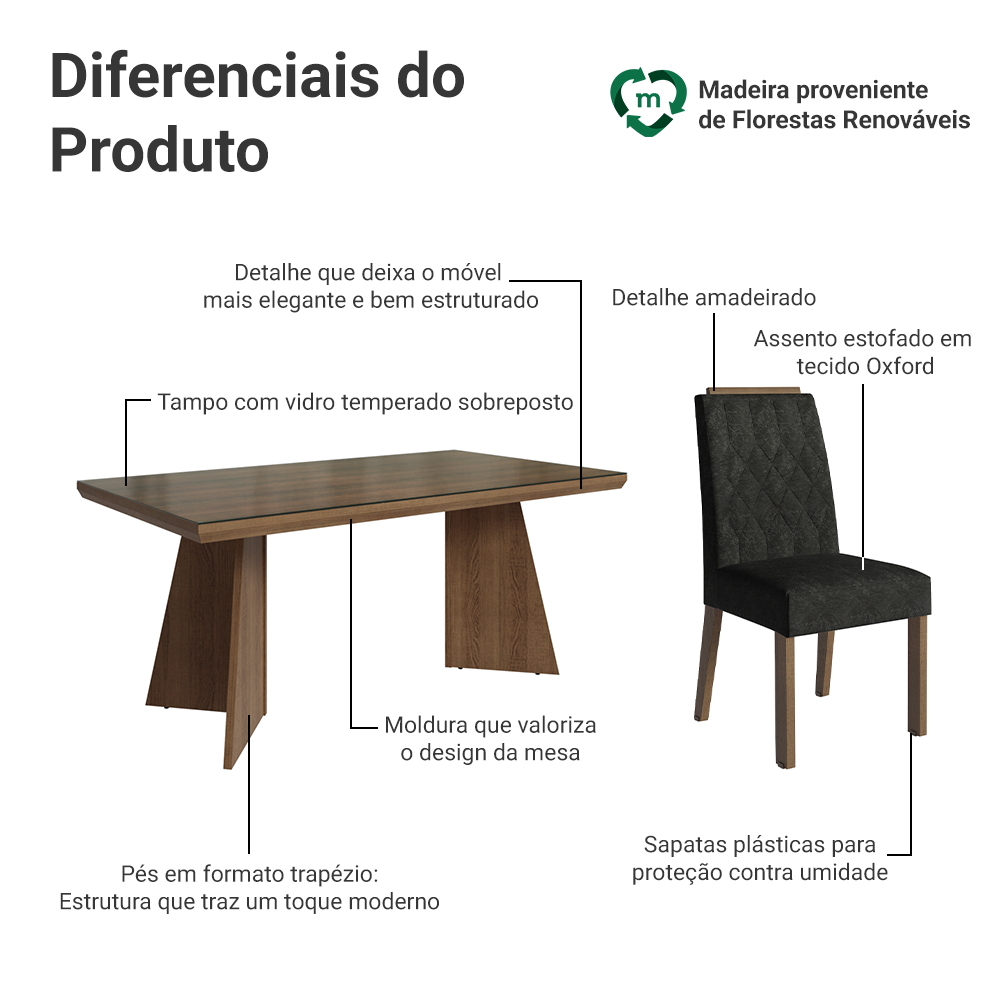 Conjunto Sala de Jantar Tampo com Vidro 6 Cadeiras Rustic/Oxford Pienza Madesa