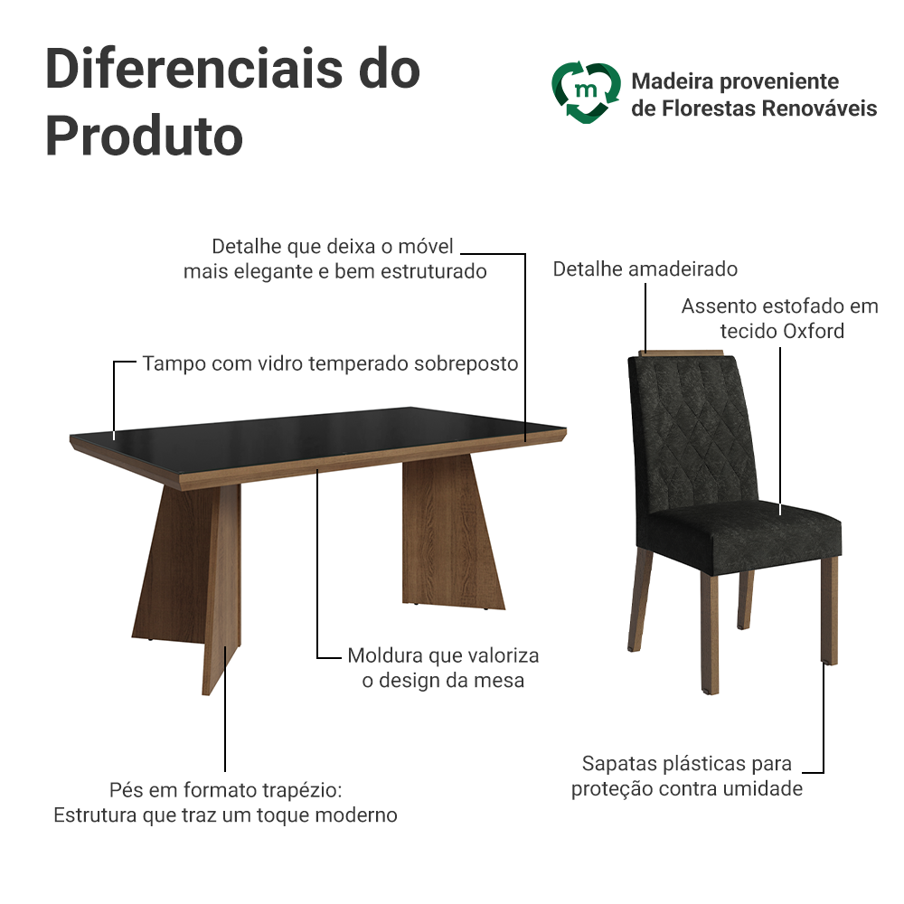 Conjunto Sala de Jantar Tampo com Vidro 6 Cadeiras Rustic/Preto/Oxford Pienza Madesa