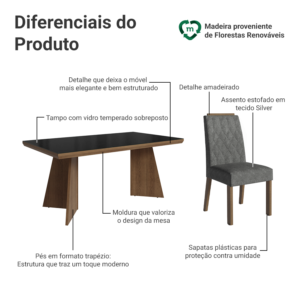 Conjunto Sala de Jantar Tampo com Vidro 6 Cadeiras Rustic/Preto/Silver Pienza Madesa